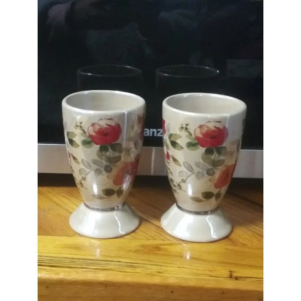 2 Lenox Bathroom Tumblers Wamsutta Springs Floral glazed Ceramic taupe beige